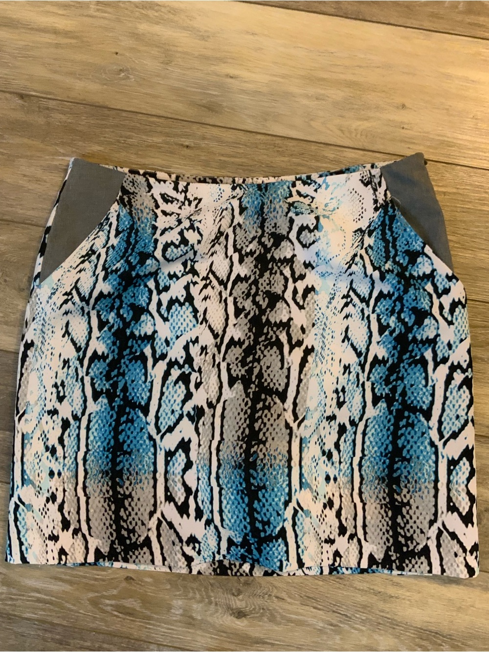 Perseption Blue and Gray Snake-Print Mini Skirt
